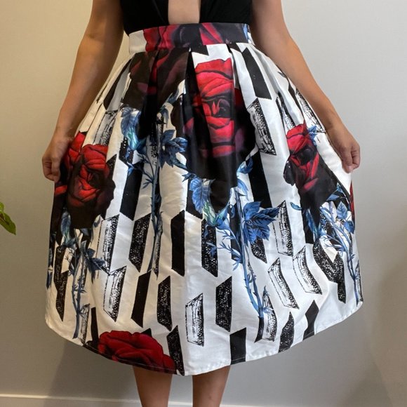 Floral Lined Puffy Midi Skirt -L- - Picture 2 of 11